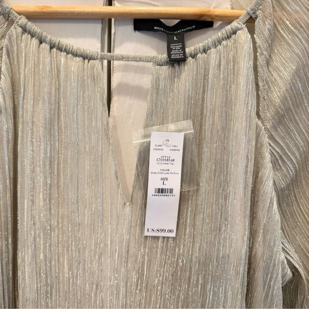 NWT White House Black Market Crinkle Top Ecru/Gold/Silver Balloon Long Sleeve L - Picture 5 of 11